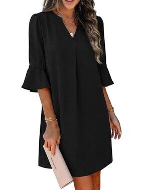 〽️Women's Black Shift Dress V Neck Ruffle Sleeve Summer Dress with Pockets